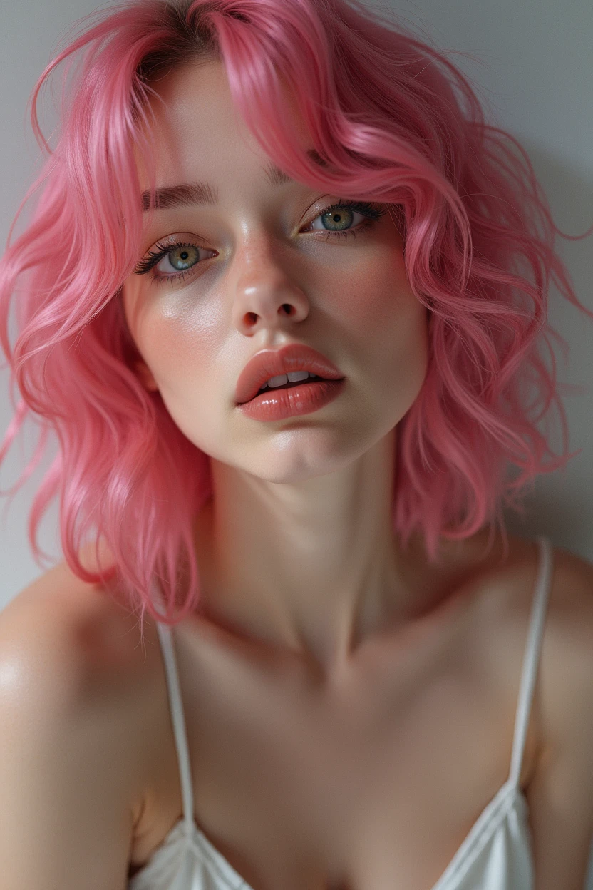 a girl with pink hair,beautiful detailed eyes,beautiful detailed lips,extremely detailed face,detailed breasts,masturbating,highly detailed,photorealistic,8k,masterpiece,extremely detailed skin,realistic lighting,cinematic lighting,volumetric lighting,natural lighting,hyper realistic,extremely detailed anatomy,solo female