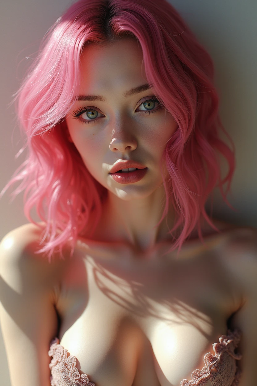 a girl with pink hair,beautiful detailed eyes,beautiful detailed lips,extremely detailed face,detailed breasts,masturbating,highly detailed,photorealistic,8k,masterpiece,extremely detailed skin,realistic lighting,cinematic lighting,volumetric lighting,natural lighting,hyper realistic,extremely detailed anatomy,solo female