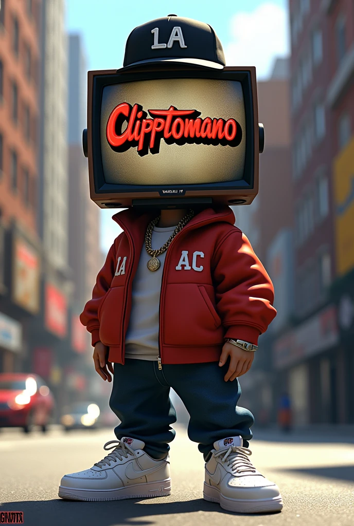 animated person, that is on the street, who dresses like a rapper from the USA, that he wears a black cap that says LA, that he wears white air force 1 sneakers and has a TV screen as a head that says Clipptomano in graffiti letters