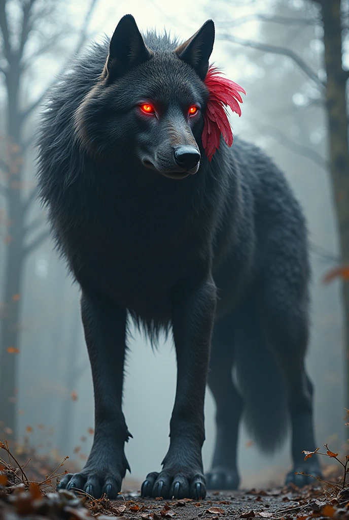 Wolf with fur tail with red eyes and a red feather and a black feather on the right side of the head and 4 meters tall