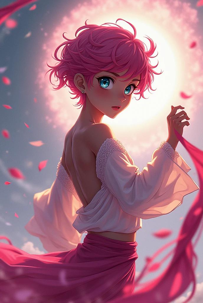 Draw a young anime boy with dark pink hair and light baby blue eyes and black skin he is a sexy man bl He danced in arabic wind dance clothes sexy sexy sexy