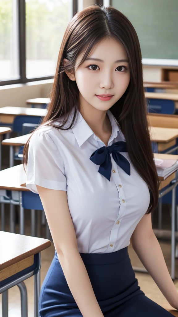 High resolution,woman,Korean Beauty,slim,Small breasts,Black Hair,Brown eyes,No makeup, White skin,Age 27,Long face,High nose,In formal attire,White blouse, Navy blue tight skirt,teacher, classroom