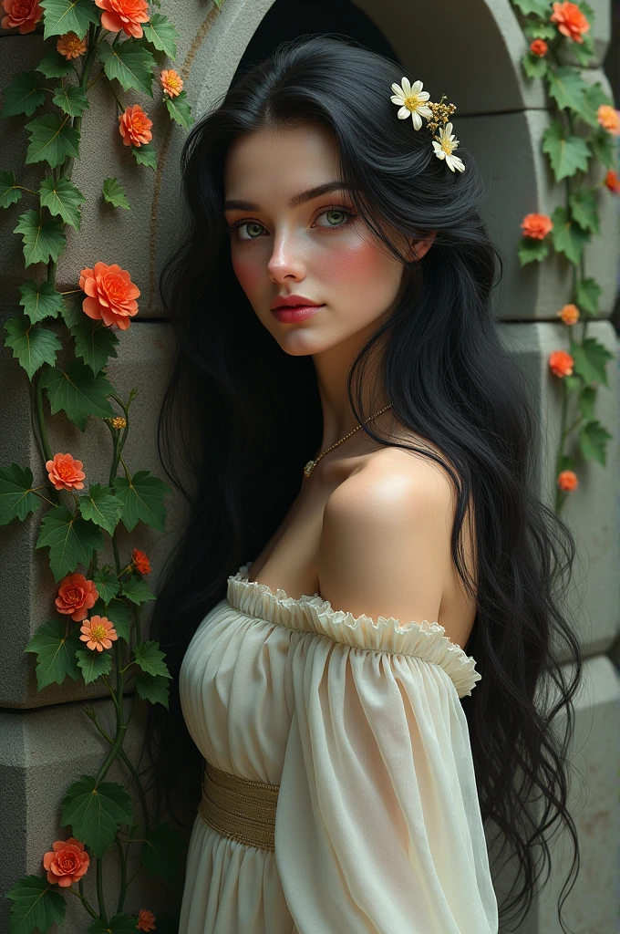 Snow white with long hair by a stone case with ivy and flowers growing on it.