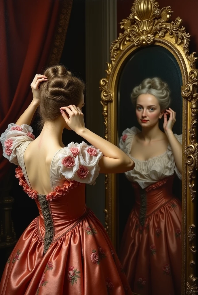 Renaissance painting of a very beautiful narcissistic young woman in a reddish flowery dress arranging her hair looking in the imperial mirror while seeing in the corner of the mirror the face of an elderly woman in a white dress tearing, affirming her old age and existential finitude. 