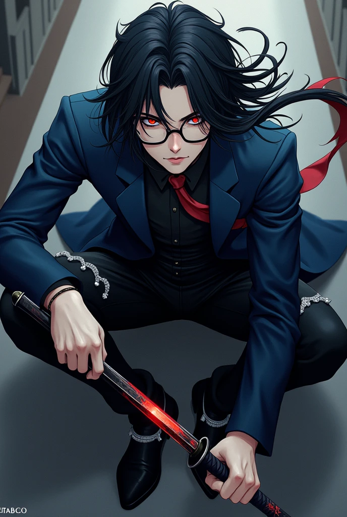 A very handsome anime assassin character who has odasaku-style hair with a lead and blue Akutagawa-style suit, black pants with white fringe, black shoes with red and black eyes around the iris with a black and red scissor seven-style katana with a psychopath smile and light black glasses.