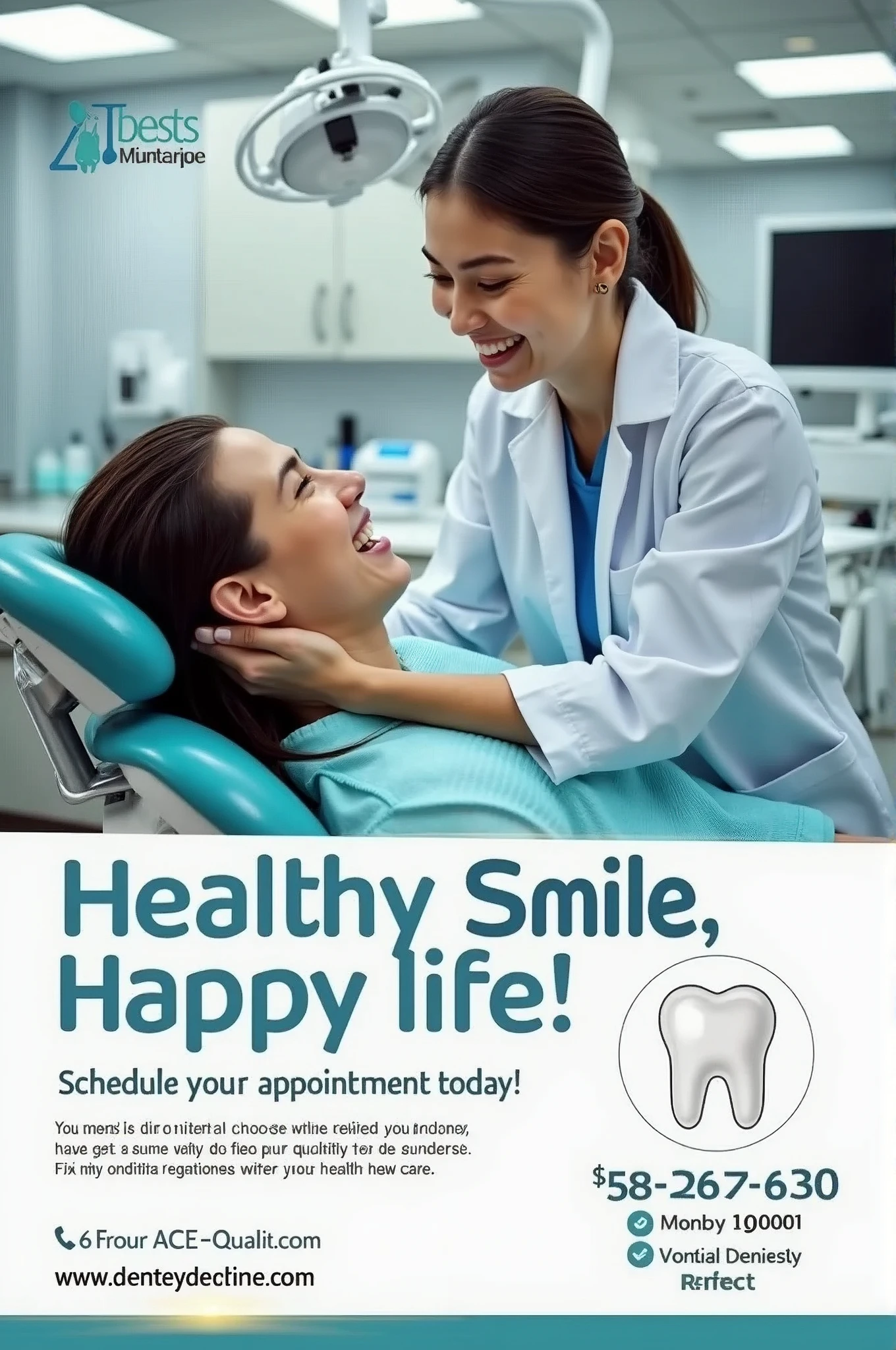 ((best quality)), ((masterpiece)), (detailed), perfect fCreate an attractive image for a dentist ad. Showcase a modern and welcoming office with state-of-the-art dental equipment. At the center, highlight a smiling and professional dentist, interacting in a friendly manner with a satisfied patient. Include visual elements that convey trust and care, like a clean and well-lit environment. Add eye-catching text that says 'Healthy Smile, happy life! Schedule your appointment today!' with contact details at the bottom.ACE
