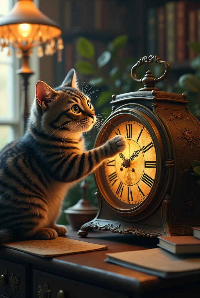 Curious cat playing with a clock and when he opened it, time stopped