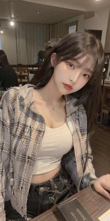 Hay una mujer que está parada frente a una mesa, Heonhwa Choe, hermosa joven coreana, camisa corta con chaqueta, muchacha coreana, Wenfei Ye, modelo de moda femenina coreana, Hwang Se - En, hermosa mujer surcoreana, lee ji-eun, Lee Ji Eun, chaqueta abierta con escote generoso, chen xintong, Hermosa joven coreana , jisoo from blackpink, popular south korean makeup, quality detailed ,(beautiful makeup :1.2), Wide hips, big, big ass, (best quality, 8K, masterpiece: 1.3), Clear focus: 1.2, Perfect body beauty: 1.4, strong abs, Very detailed face and skin texture. , detailed eyes, double eyelids, (long hair), having very marked curves, with greater volume in ((hips and breasts)), which makes the waist look much smaller ((wasp waist)).(obra maestra, calidad superior, mejor calidad, arte oficial, profundidad de campo, Belleza y Estética: 1.2), renderizado pináculo, Representación realista, (1 chica)