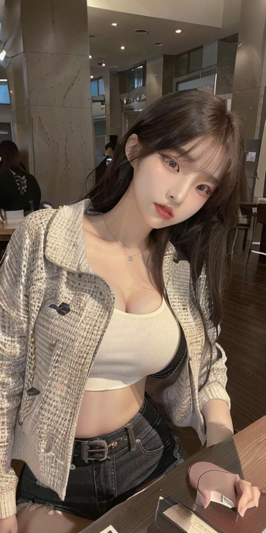 Hay una mujer que está parada frente a una mesa, Heonhwa Choe, hermosa joven coreana, camisa corta con chaqueta, muchacha coreana, Wenfei Ye, modelo de moda femenina coreana, Hwang Se - En, hermosa mujer surcoreana, lee ji-eun, Lee Ji Eun, chaqueta abierta con escote generoso, chen xintong, Hermosa joven coreana , jisoo from blackpink, popular south korean makeup, quality detailed ,(beautiful makeup :1.2), Wide hips, big, big ass, (best quality, 8K, masterpiece: 1.3), Clear focus: 1.2, Perfect body beauty: 1.4, strong abs, Very detailed face and skin texture. , detailed eyes, double eyelids, (long hair), having very marked curves, with greater volume in ((hips and breasts)), which makes the waist look much smaller ((wasp waist)).(obra maestra, calidad superior, mejor calidad, arte oficial, profundidad de campo, Belleza y Estética: 1.2), renderizado pináculo, Representación realista, (1 chica)