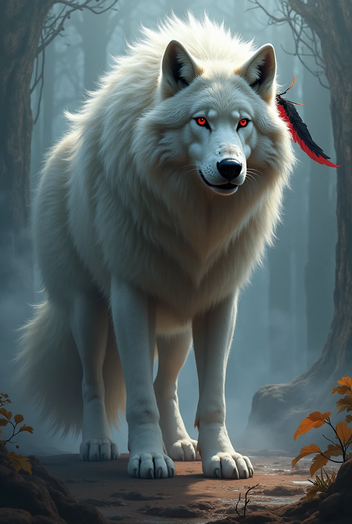 Wolf with fur tail with red eyes and a red feather and a black feather on the right side of the head and 4 meters tall