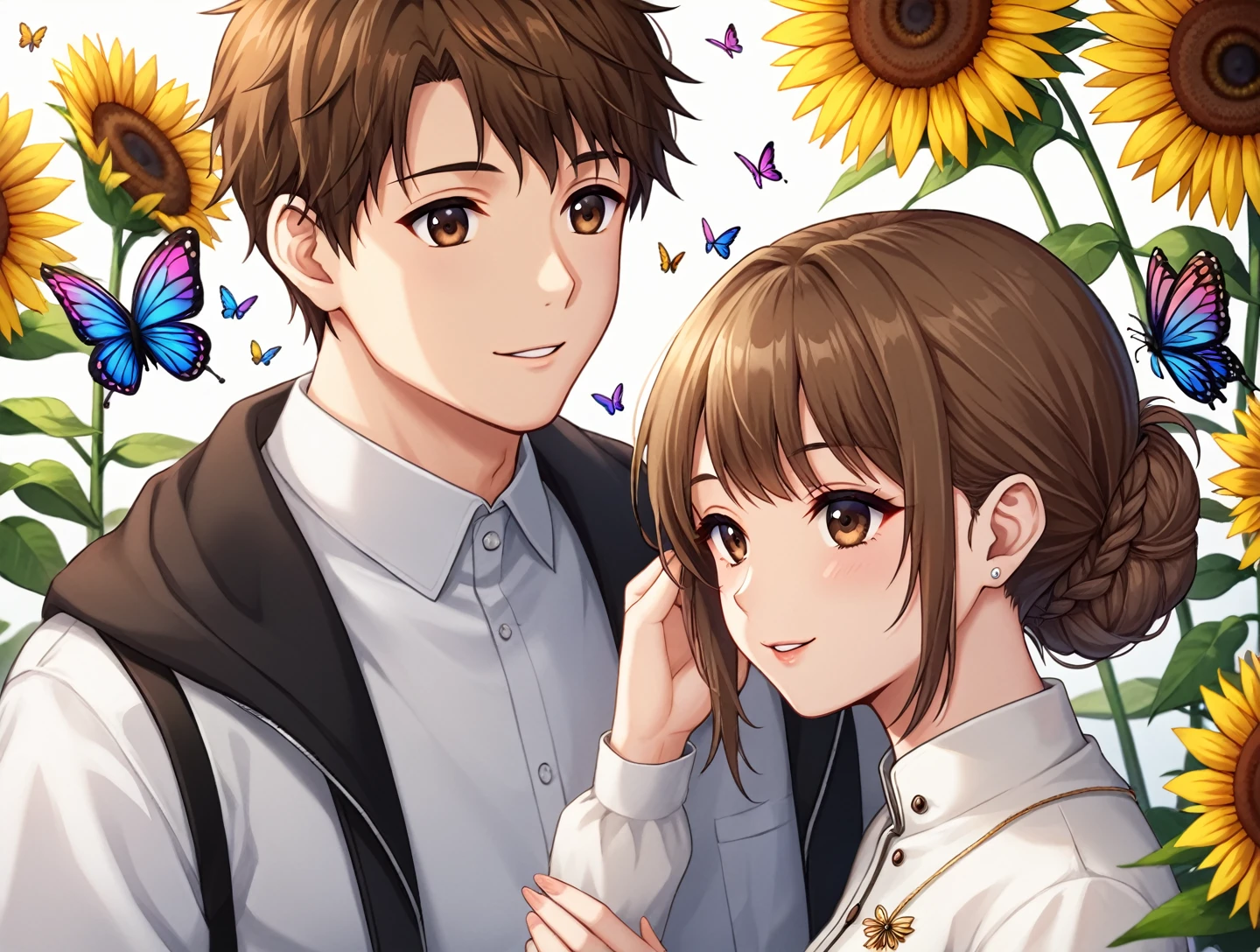 An image of a woman with brown hair and brown eyes with a 16 year old son and a 25 year old son all wearing white clothes, a scene of sunflowers and butterflies.