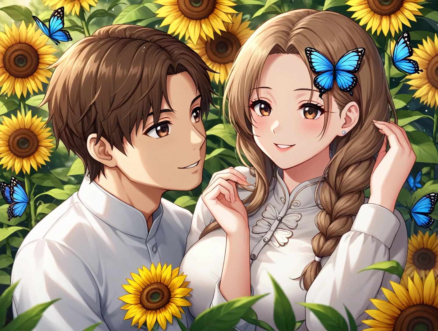 An image of a woman with brown hair and brown eyes with a 16 year old son and a 25 year old son all wearing white clothes, a scene of sunflowers and butterflies.
