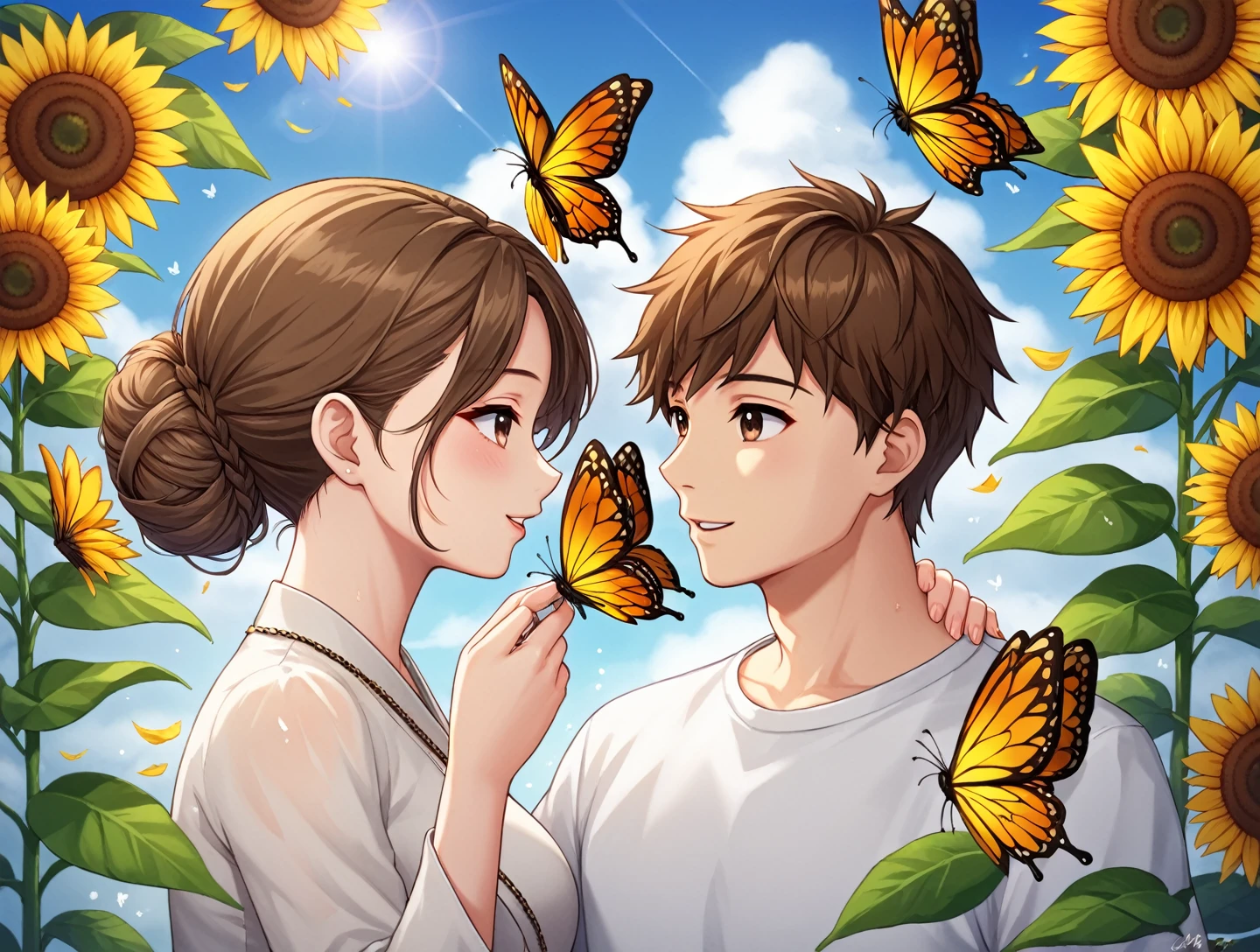 An image of a woman with brown hair and brown eyes with a 16 year old son and a 25 year old son all wearing white clothes, a scene of sunflowers and butterflies.