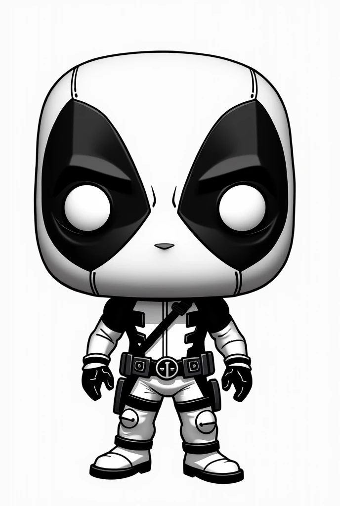 The image features a character and Deadpool in Funko Pop style (in strokes, no shadings), Rounded head with full mask covering the face, There must be an empty white background, no shading, with open space between the lines. in black and white