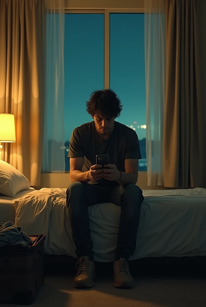 

A scene in a small, slightly worn hotel room with a cozy, nostalgic atmosphere. The room has soft, yellow lighting coming through beige curtains, creating a dim, comfortable glow. The walls are a neutral color, and the floor has a simple, faded carpet.

A man with dark, messy hair sits on the edge of the bed, looking distressed. He’s dressed casually in a dark t-shirt and jeans, staring at a phone in his hand as if waiting for a call or message. An open suitcase with clothes spilling out sits on the floor beside him.

In the background, a large window shows a calm night sky with the faint glow of city lights in the distance. The focus is on the man in the room, highlighting his feelings of loneliness and uncertainty.