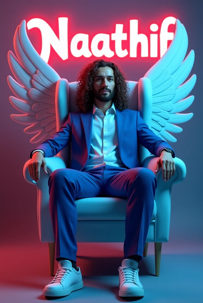 Create a 3D illustration for a profile picture where a 38 year old “Man”,With a long curly hair, in a blue suit, casually on a wings back chair, wearing sneakers a white, she looks ahead, the background features “Naathif” in big and capital letters White neon light fronts on the back wall, there should not be his shadow and there are wings to make it appear as if he is angel.