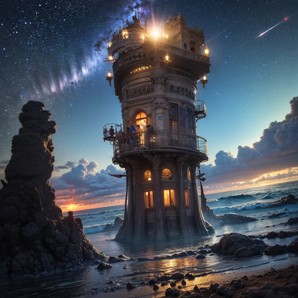 (8k, highest quality, masterpiece, final fantasy style: 1.2), (unRealistic, photoRealistic: 1.37), Dreamy landscape, Fantasy, Unsurreal landscapes, Super detailed, Flying Castle, Floating Island in the Sky, Seven-colored swirl of light, Intense lightning, milky way, Complex Light, Colored light, Large Lake, Starry sky reflected on the lake surface, Countless shining stars, Meteors, Reflections , (A pillar of light emanated from the ground:1,2), roses and orchids gardens , sunset, pink clouds, waterfalls in the sky, realistic style, Hyperrealism drawing, a flying pirate spaceship floating at the clouds level, burning skyscrapers, cyborgs, timeless realms, stunning princess , casting spell, healing light magic effect, in a magical lagoon of the fairyland, crystal clear water surface reflections, sharp focus, looking at viewer, (close-up:0.9), (bright white theme:1.2), (bright white tone:1.2), (deep blue tone:1.3),((( realistic, Hyperrealism, vivid colours , landscapes , alien cyborgs , science fiction themes))),