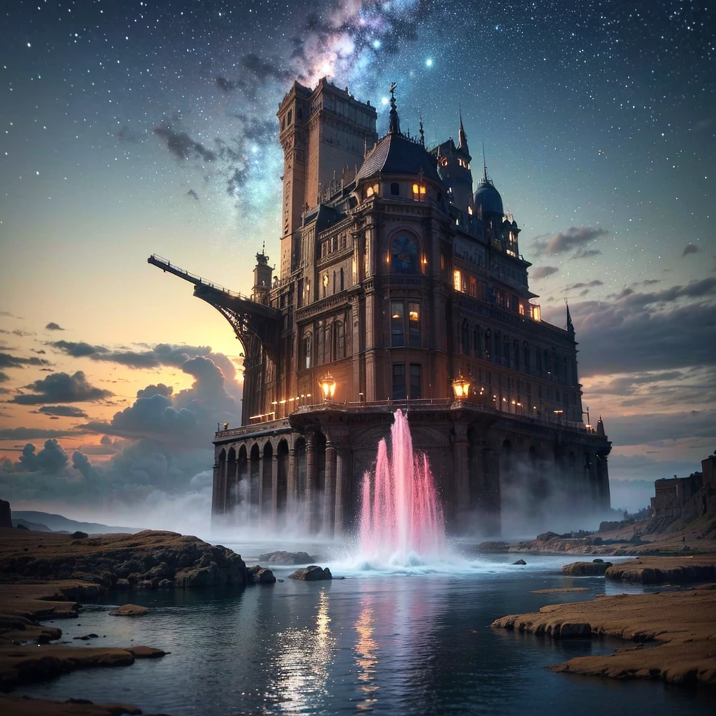 (8k, highest quality, masterpiece, final fantasy style: 1.2), (unRealistic, photoRealistic: 1.37), Dreamy landscape, Fantasy, Unsurreal landscapes, Super detailed, Flying Castle, Floating Island in the Sky, Seven-colored swirl of light, Intense lightning, milky way, Complex Light, Colored light, Large Lake, Starry sky reflected on the lake surface, Countless shining stars, Meteors,  Reflections , (A pillar of light emanated from the ground:1,2), roses and orchids gardens , sunset, pink clouds, waterfalls in the sky, realistic style, Hyperrealism drawing, a flying pirate spaceship floating at the clouds level, burning skyscrapers, cyborgs, timeless realms, stunning  princess  ,  casting spell, healing light magic effect, in a magical lagoon of the fairyland, crystal clear water surface reflections, sharp focus, looking at viewer, (close-up:0.9), (bright white theme:1.2), (bright white tone:1.2), (deep blue tone:1.3),((( realistic, Hyperrealism, vivid colours , landscapes , alien cyborgs , science fiction themes))), 