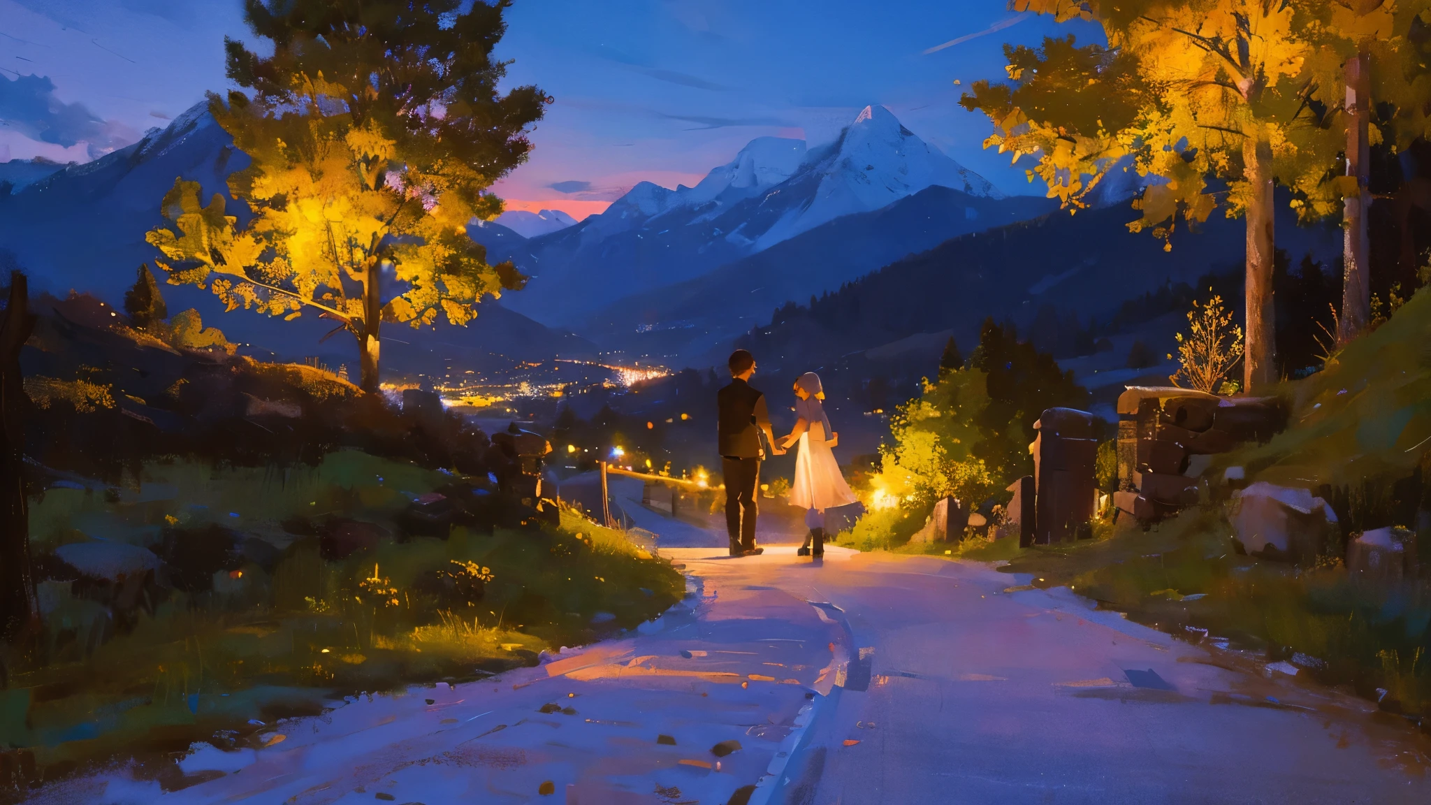A boy and a girl meeting by the mountains at night. Romantic lighting