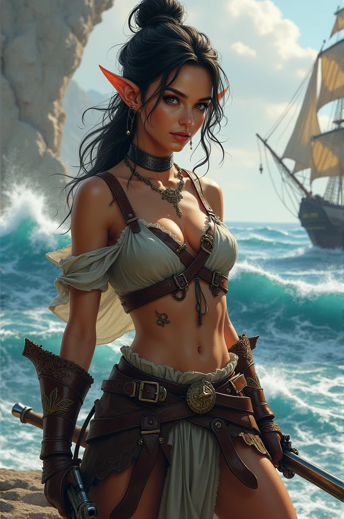 Beautiful elf buccaneer with 2 pistols and a scimitar at her waist