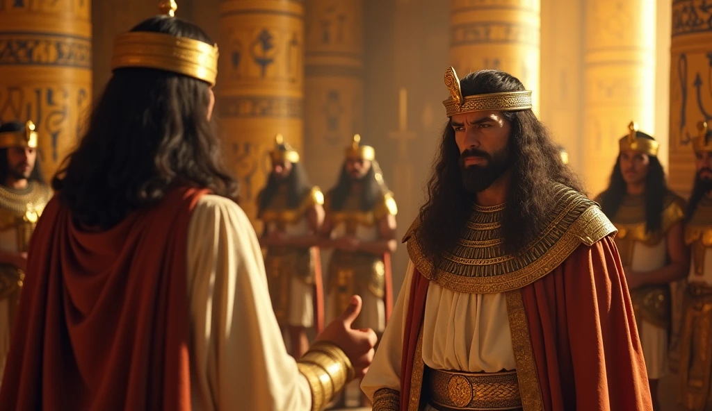 Moses confronts Pharaoh in the palace, with golden walls and hieroglyphics. Pharaoh, with an angry expression, is surrounded by guards. Moses is firm and determined.  