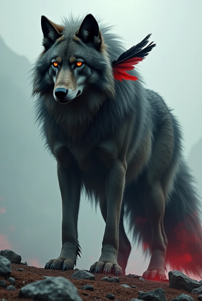 Wolf with fur tail with red eyes and a red feather and a black feather on the right side of the head and 4 meters tall