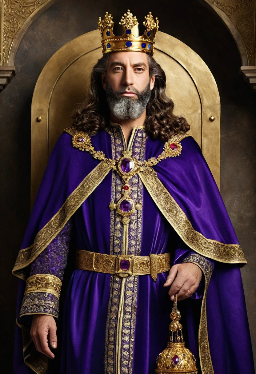 Create a front view image of King David, portraying him in all his majesty and nobility. He must be dressed in a royal robe rich in detail., purple or deep blue in color, symbolizing his royalty, and a golden cloak draped over his shoulders. The crown must be elaborated, with details in gold and precious stones, highlighting his position as king of Israel.