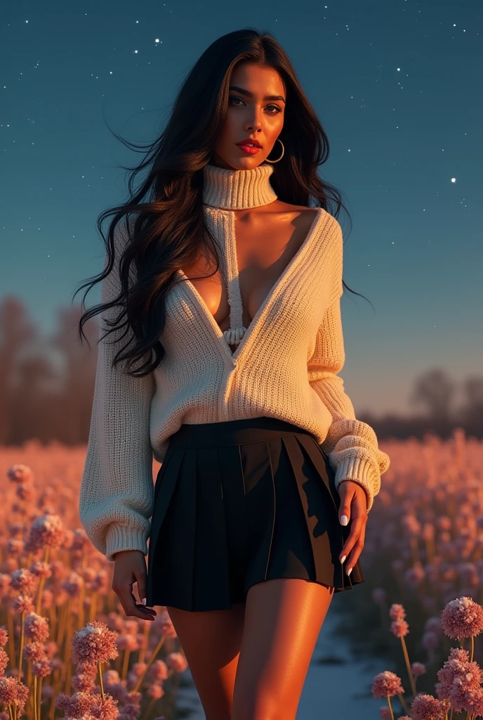 The subject a gorgeous indian girl, long hair. She's a men magazine model. She flirts with camera. She wears: (a random color turtleneck large loose wool sweater:1.1 with cleavage), (a random color pleated mini skirt:1.2), Louboutin white shoes, high heels. She stands in gorgeous field with winter flowers, clear starry night, Perfect eyes, perfect hands, perfect body, perfect hair, perfect breast, UHD, retina, masterpiece, accurate, anatomically correct, textured skin, super detail, high details, high quality, award winning, best quality, highres, 16k, 8k, very short skirt, exposed navel,  seductive look