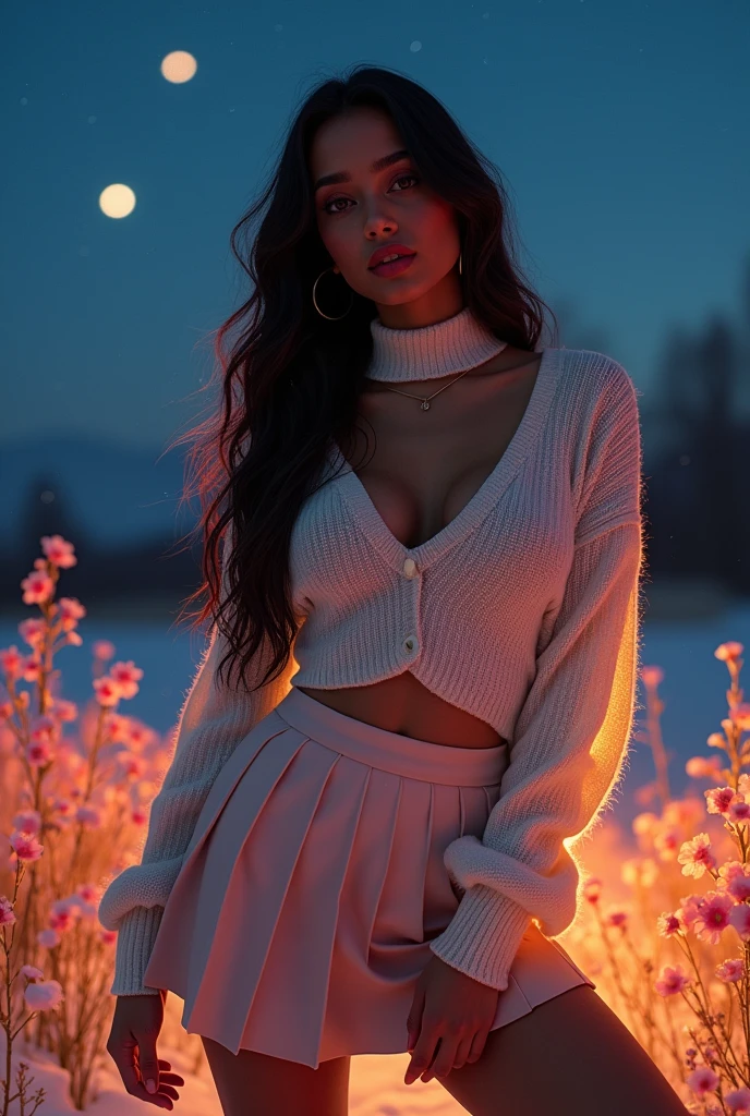 The subject a gorgeous indian girl, long hair. She's a men magazine model. She flirts with camera. She wears: (a random color turtleneck large loose wool sweater:1.1 with cleavage), (a random color pleated mini skirt:1.2), Louboutin white shoes, high heels. She stands in gorgeous field with winter flowers, clear starry night, Perfect eyes, perfect hands, perfect body, perfect hair, perfect breast, UHD, retina, masterpiece, accurate, anatomically correct, textured skin, super detail, high details, high quality, award winning, best quality, highres, 16k, 8k, very short skirt, exposed navel, seductive look