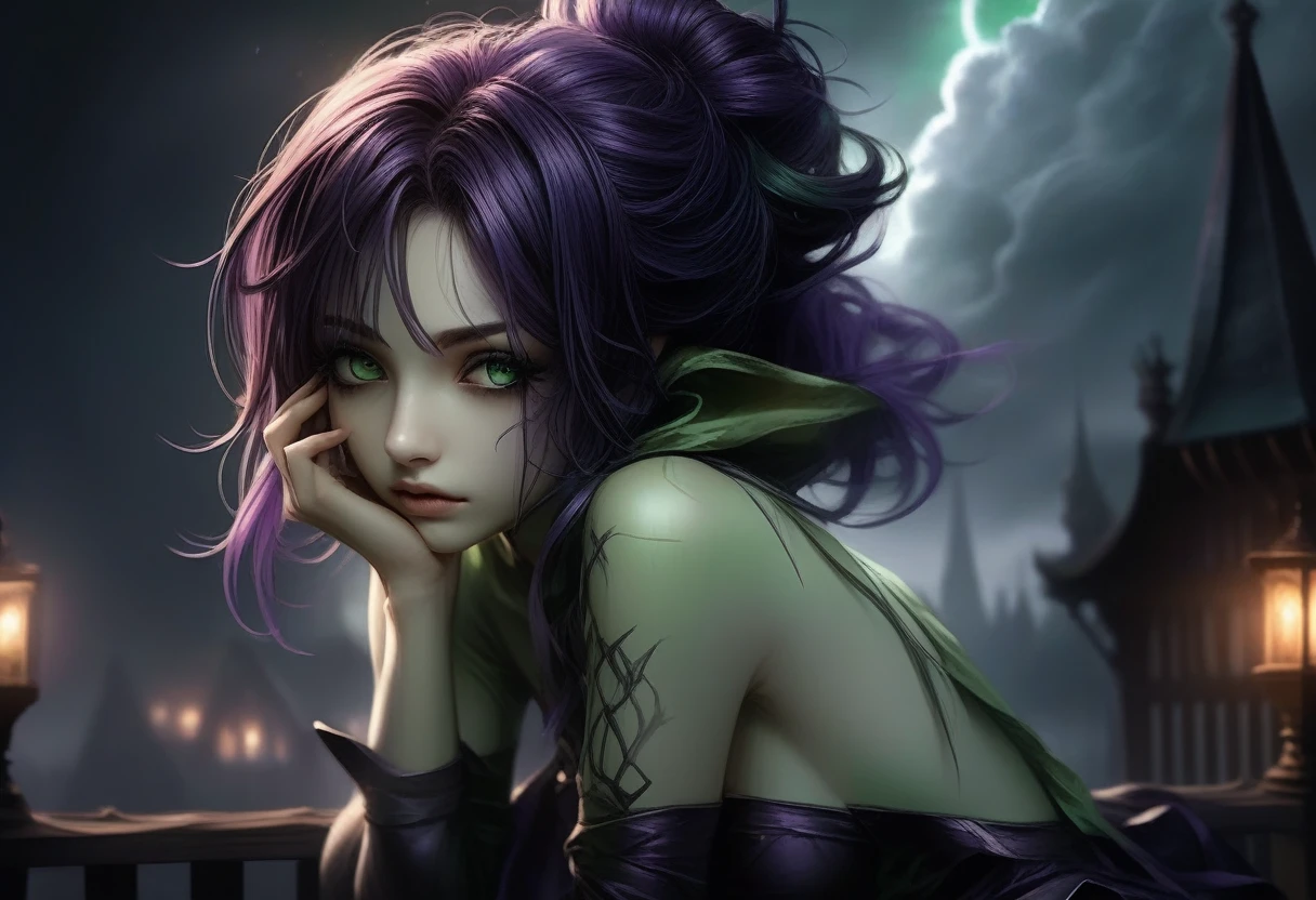 anime girl with green hair and purple eyes sitting on a fence, cute face. dark fantasy, artgerm detailed, dark fantasy style art, artgerm portrait, artgerm style, extremely detailed artgerm, artgerm. anime illustration, gothic fantasy art, artgerm moody photography, fantasy dark art, artgerm on artstation pixiv