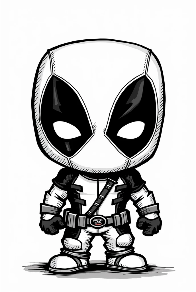 The image features a character and Deadpool in Funko Pop style (in strokes, no shadings), Rounded head with full mask covering the face, There must be an empty white background, no shading, with open space between the lines. in black and white