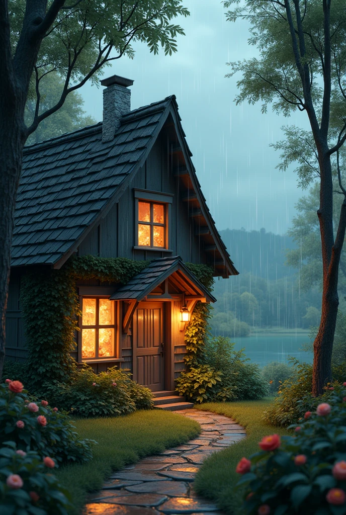 Relaxing image with rain, House, fireplace and window and nature