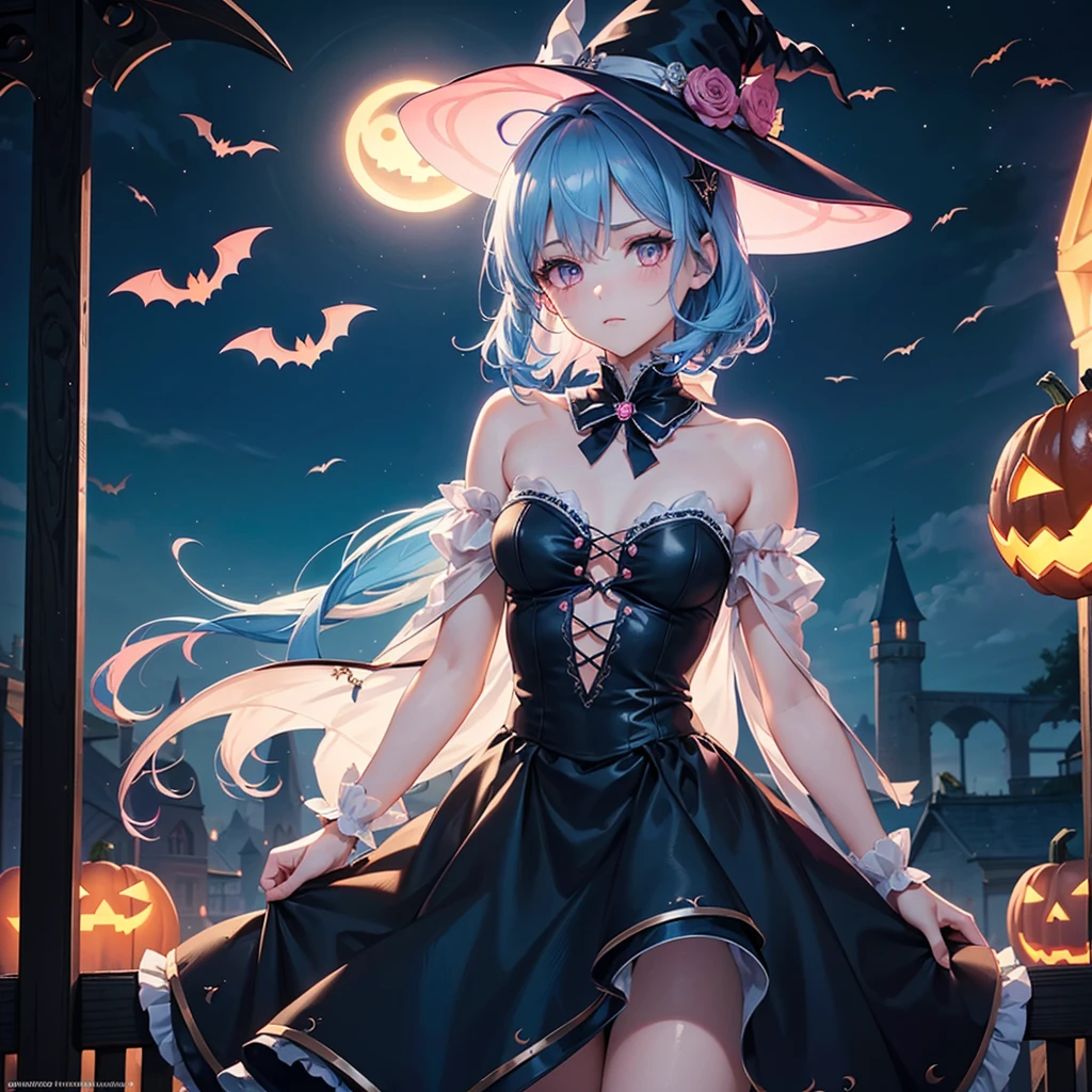 (Sky blue hair), (Pink Eyes),Fair skin) ,(whole body),(One Girl),(Crescent Moon),(There are lots of pumpkin ghosts in the background),(If you don't give me sweets, I'll play a prank on you.),Halloween Night Party),(masterpiece, Highest quality, Very detailed, Best Shadow), (Detailed Background), (Beautifully detailed face), High Contrast, (Best lighting, Very delicate and beautiful), ((Cinematic Light)), Hyper Detail,8k, Dramatic Light, Intricate details,Cute witch outfit,night,(Bats flying in the background),