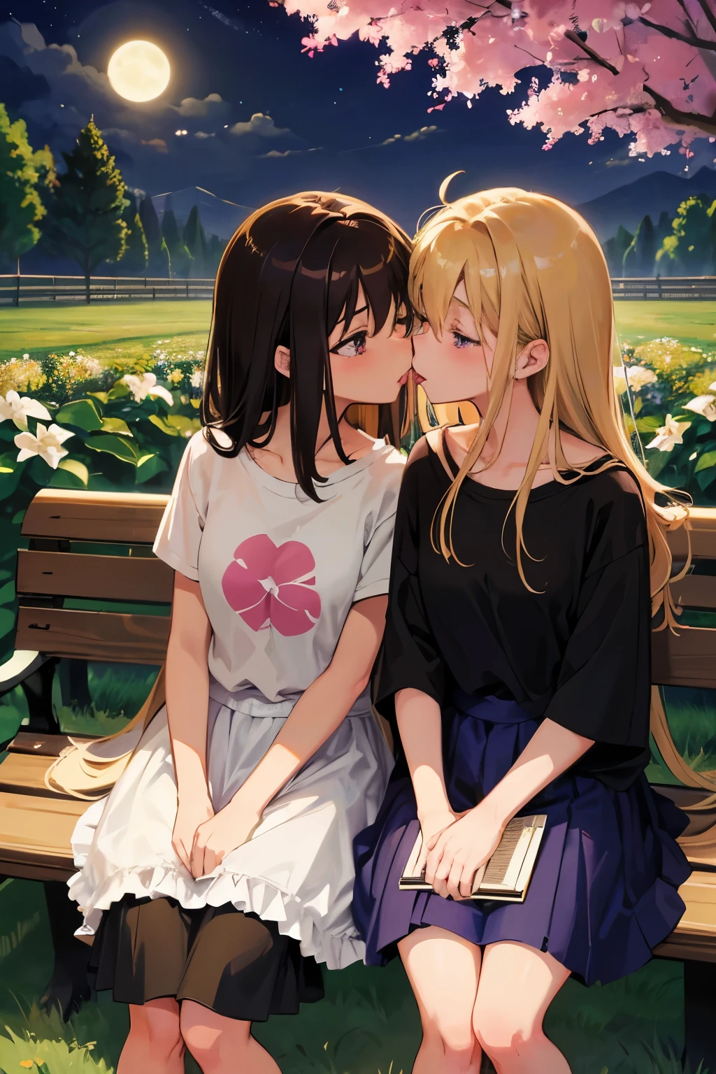 super high quality, masterpiece, anime, 2D, animeーション, Japanese Art, Colorful Japanese manga, 2 girls, Medium blonde hair and lilac eyes, Medium brown hair and brown eyes, Casual clothing, skirt, T-Shirts, dress, French kiss, Kiss on the mouth, Tongue kiss, Intimate, Browsing Caution, saliva, Are standing, Blushed, close your eyes, night, Dim lighting, performer, moon, bench, wood,  green, Grass, garden  