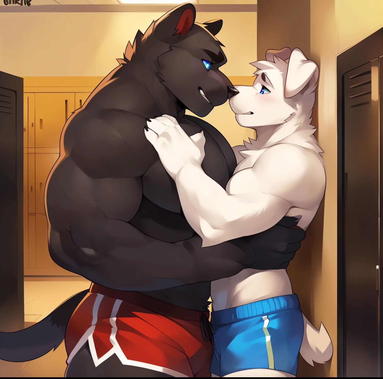 Tall, white, wolf furry, pinning a male fox furry to the locker. Locker room. Both are shirtless, staring at eacother, eyelids relaxed, blush, in love, smiling.