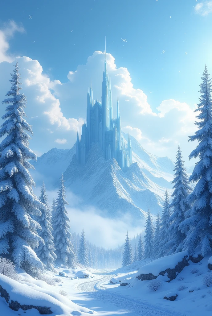 clouds, drawning, flocos de neve, ice fog, vibrant light blue, trees and a distant ice castle on top of a mountain