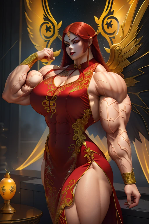 (Close view), tall, (red hair), muscular asan woman, long hair, pale white skinned, closed smile, (black lipstick), ((massive muscles)), (hyper muscle), ((ginormous bulky muscles)), ((glowing yellow eyes)), (((sparkling red cheongsam dress embroidered with intricate designs))), (giant angel wings), gauntlets, choker, thigh high boots, (in the Sky)