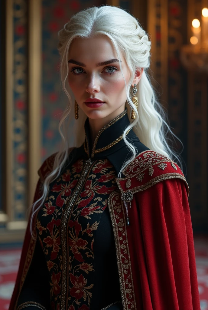 a targaryen woman, beautiful woman with silver white hair, piercing blue eyes, flawless pale skin, elegant facial features, regal and authoritative posture, wearing a luxurious red and black dress, intricate embroidery, long flowing cape, medieval fantasy setting, castle interior, ornate decorations, warm lighting, dramatic chiaroscuro lighting, cinematic composition, highly detailed, digital art, concept art, masterpiece, 8k, photorealistic