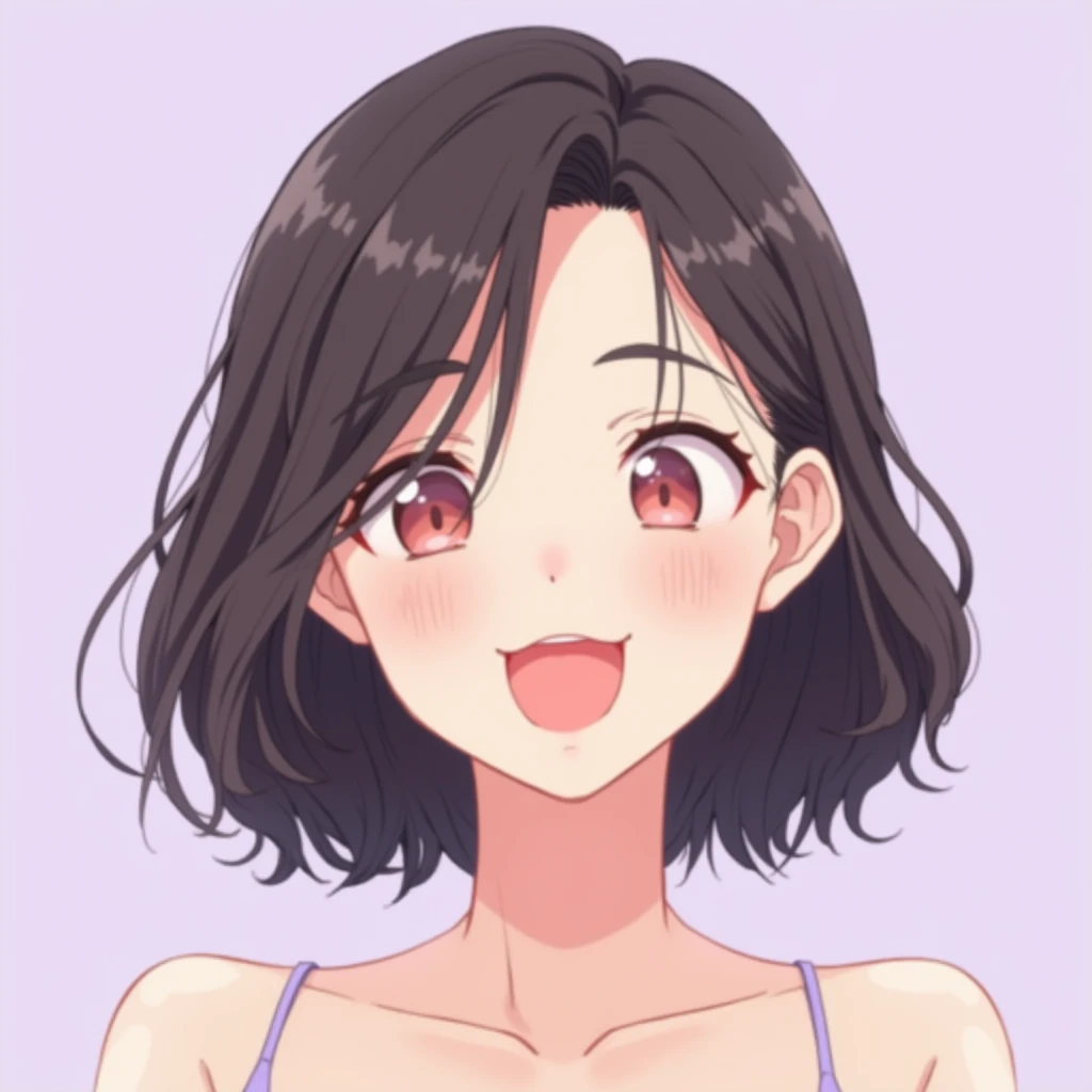 Gentle smile, medium hair, woman in her 20s, no exposure, anime-style illustration, light purple background
