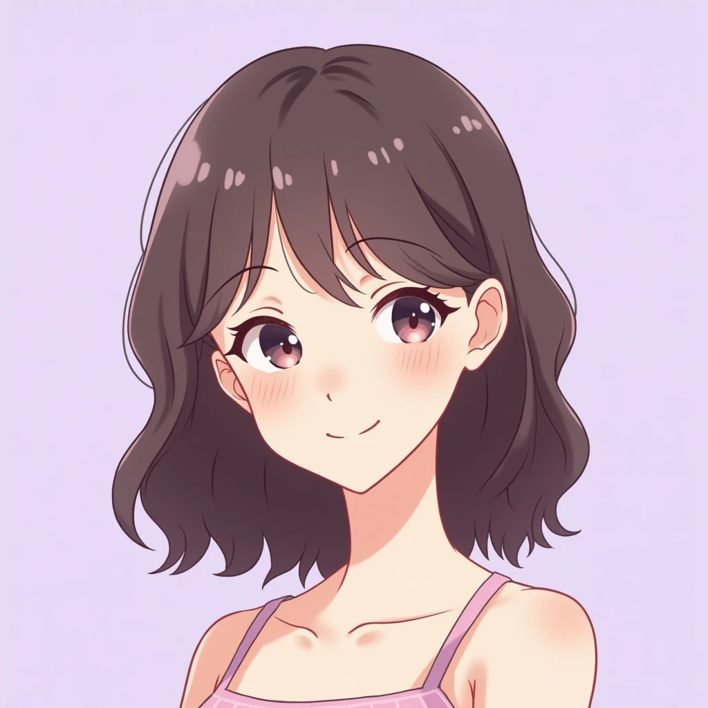 Gentle smile, medium hair, woman in her 20s, no exposure, anime-style illustration, light purple background
