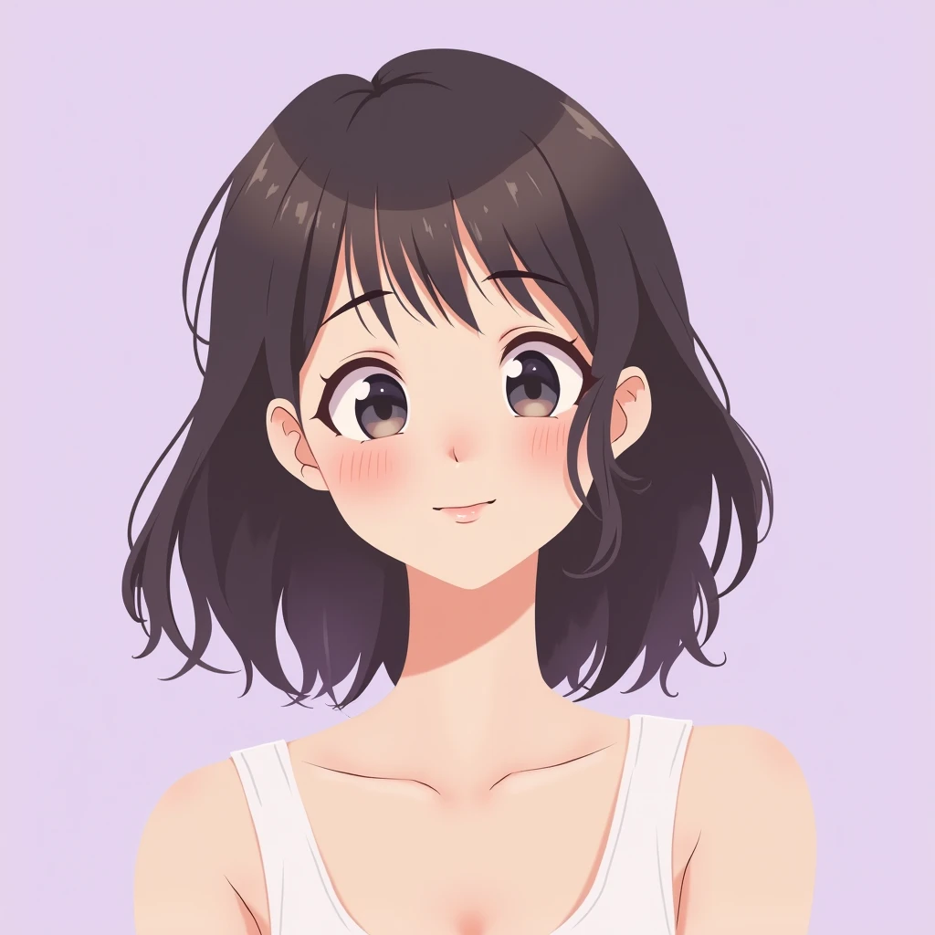 Gentle smile, medium hair, woman in her 20s, no exposure, anime-style illustration, light purple background
