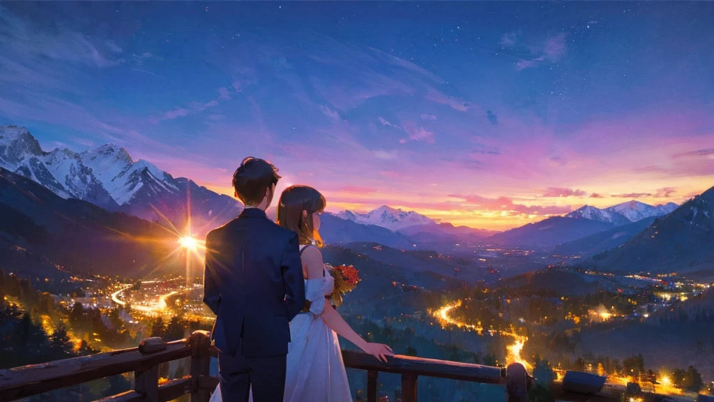 A boy and a girl meeting by the mountains at night. Romantic lighting