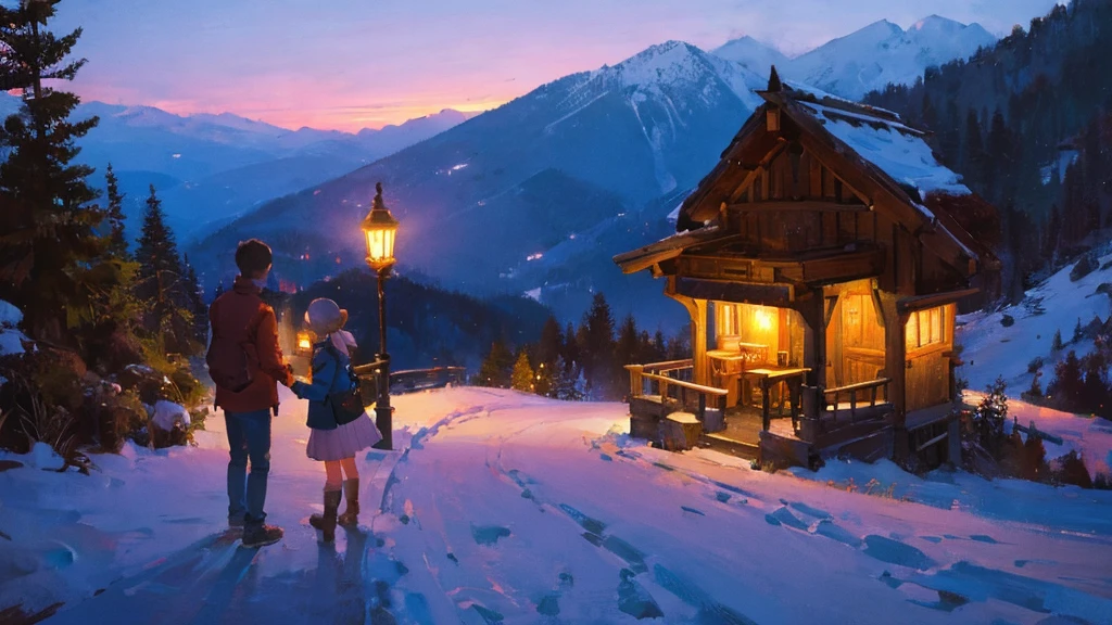 A boy and a girl meeting by the mountains at night. Romantic lighting