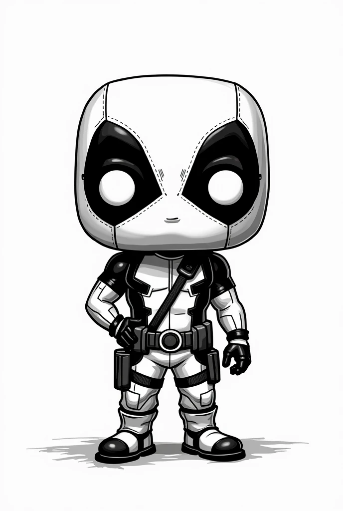 The image features a character and Deadpool in Funko Pop style (in strokes, no shadings), Rounded head with full mask covering the face, There must be an empty white background, no shading, with open space between the lines. in black and white