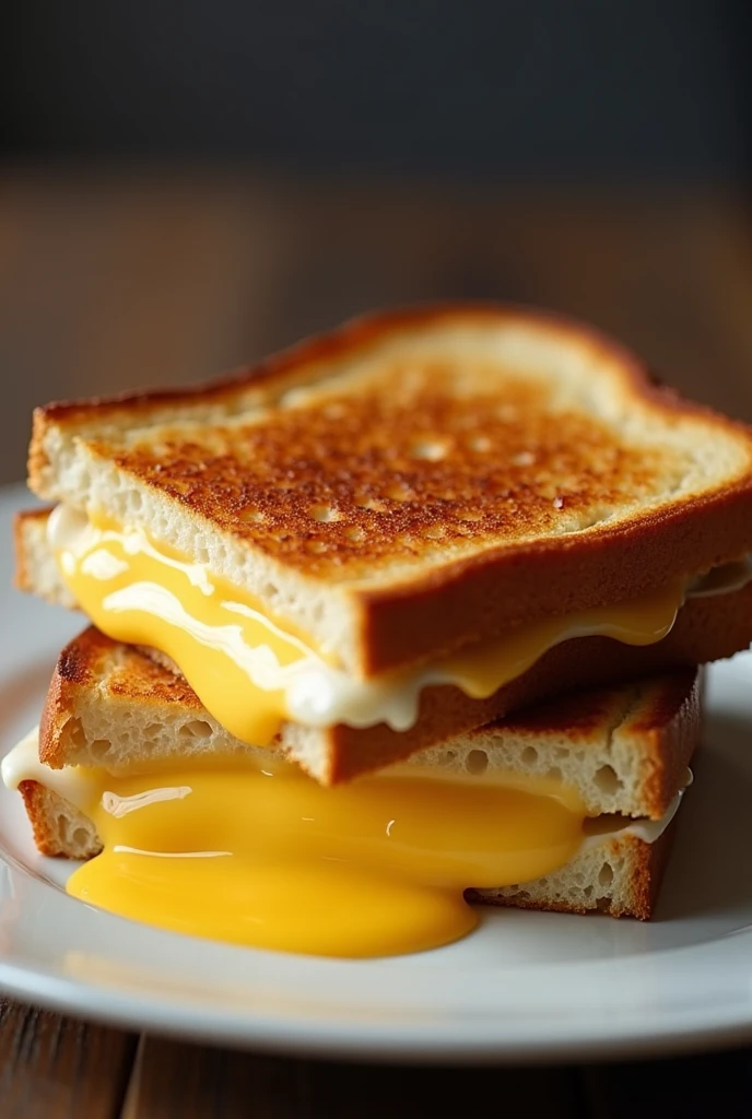 make a picture of a beautiful grilled cheese sandwich on a medium plate,stuffed with lots of cheese 