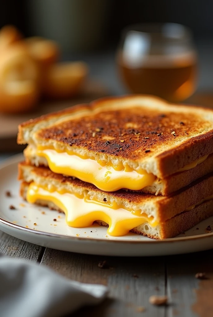 make a picture of a beautiful grilled cheese sandwich on a medium plate,stuffed with lots of cheese 