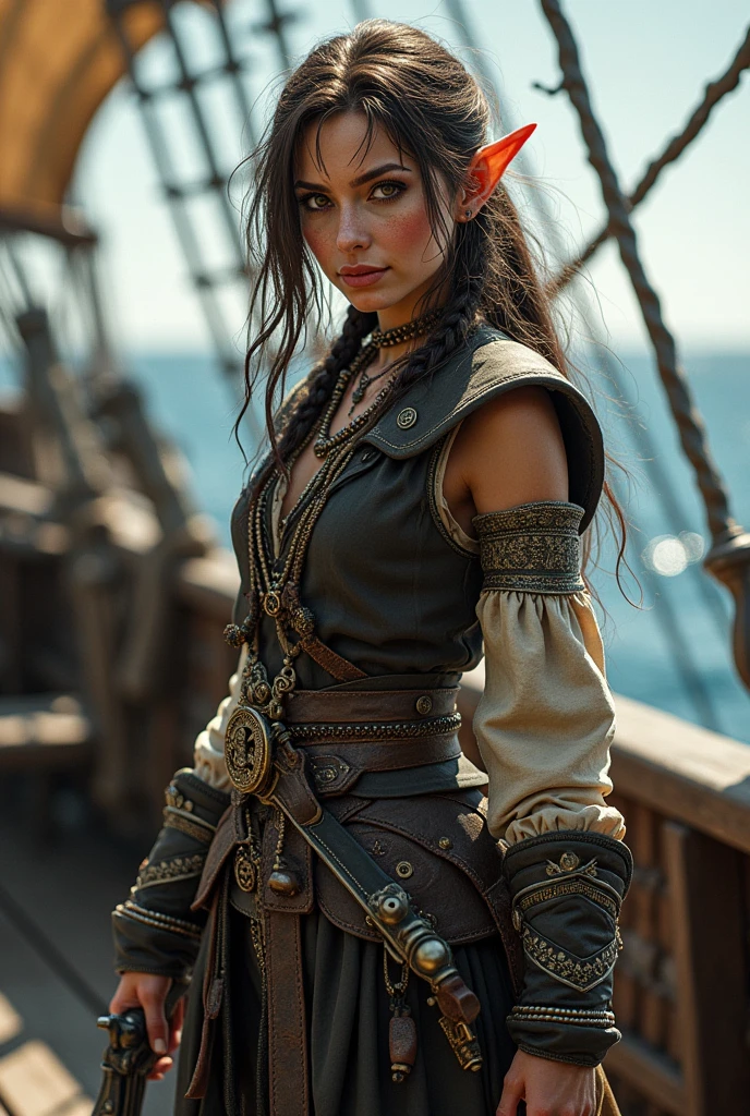 Buccaneer elf resembling Captain Jack Sparrow with 2 pistols and a scimitar at her waist
