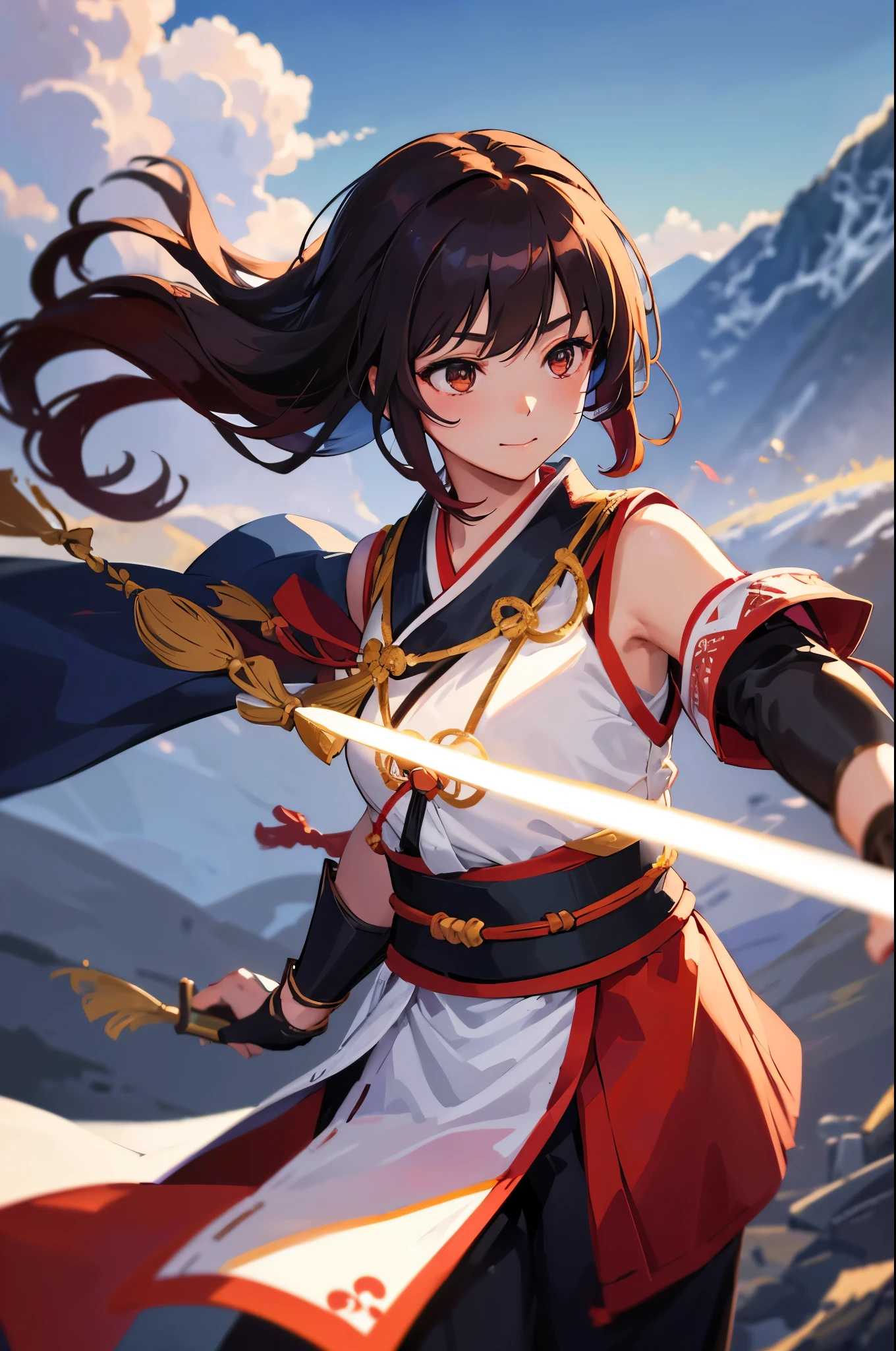 masterpiece, Highest quality,One girl, red bow, bow, Long Hair, hair bow, Ainu clothing, alone, hair band, bird, Black Hair, fingerless gloves, Short sleeve, gloves, sash, pants, bangs, red hair band, arms, chest, Brown eyes, white pants, kimono, Confused, A light smile, Official Art, Good composition, Official pose, detailed Portraiture, Portraiture, Bokeh, Clouds and mountains background, warrior, onmyoji style, High resolution, Dramatic lighting and shadows, Solar flare, Blurred foreground