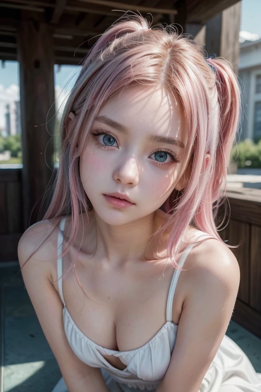 (us-000020:1.2), (ultra photorealist:1.3), (masterpiece:1.4), Best Quality, ((realist)), high quality, ultra detailed, ((realist anime face)), ((realist skin)), ((realist body)), ((pose sexy)) (Best Quality:1.1), (illustration:1.05), (1 girl:1.05), (Beautiful:1.05), (beautiful detailed eyes:1.05), (cinematic light:1.1), light blue reflections, full body pink hair, 1 girl, Beautiful tyrant portrait, aquamarine hair, bright Eyes, White dress, temple, looking at the viewer,