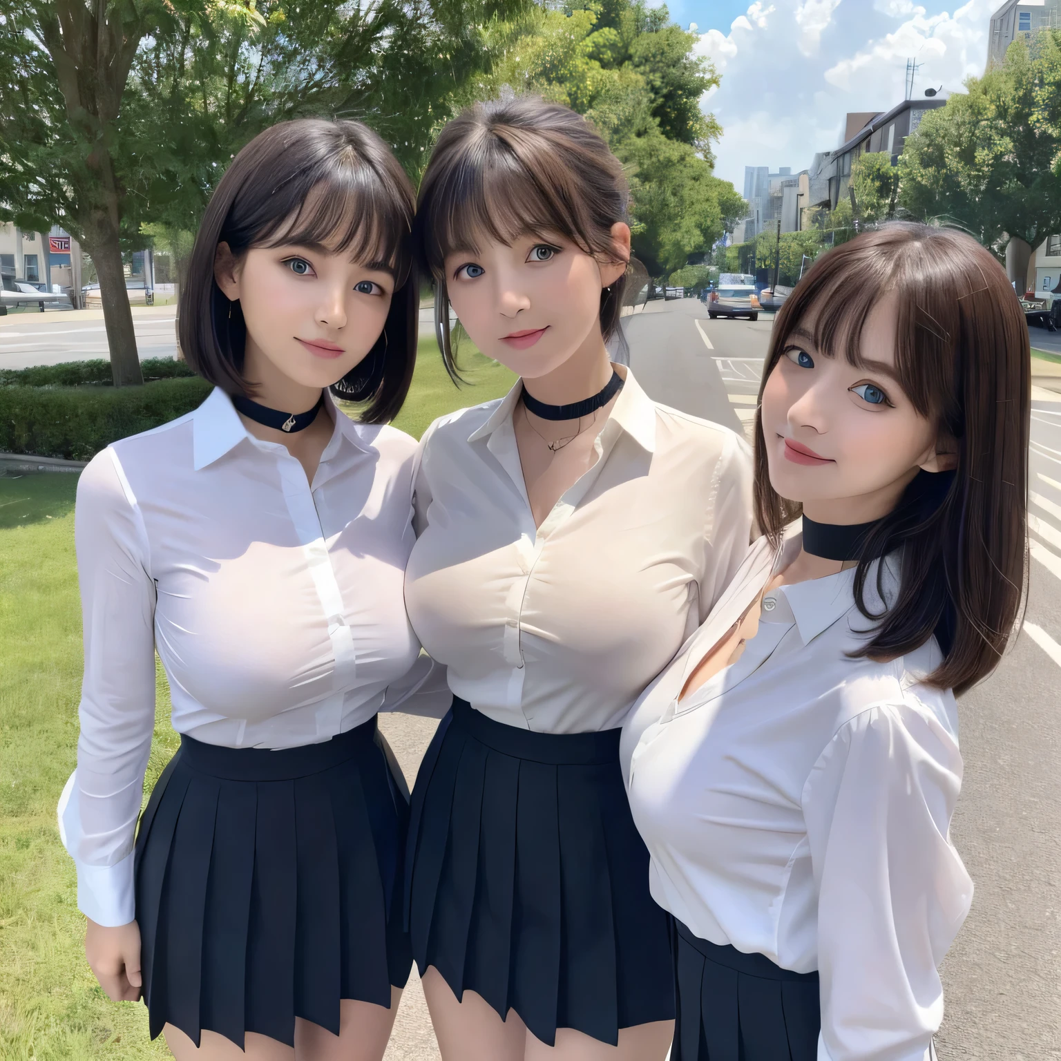 Group photo、((Layered Haircut)),（8k，Highest quality），Full Body Shot，Shot from medium distances，Open-collar shirt、Wear a JK skirt，Full body photo、 Adorable， smile， length, Brown Hair， 32K, masterpiece， Best image quality，Ultra-high resolution，Perfect hands，Black choker、blue eyes、bangs、Very profuse and very long eyelashes、uniform、 Morning on the Plateau、Summer clothes、((Big Breasts))